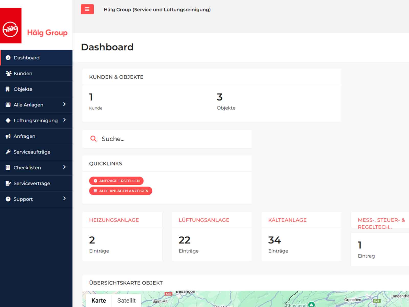 Dashboard der Serviceplattform der Hälg Group