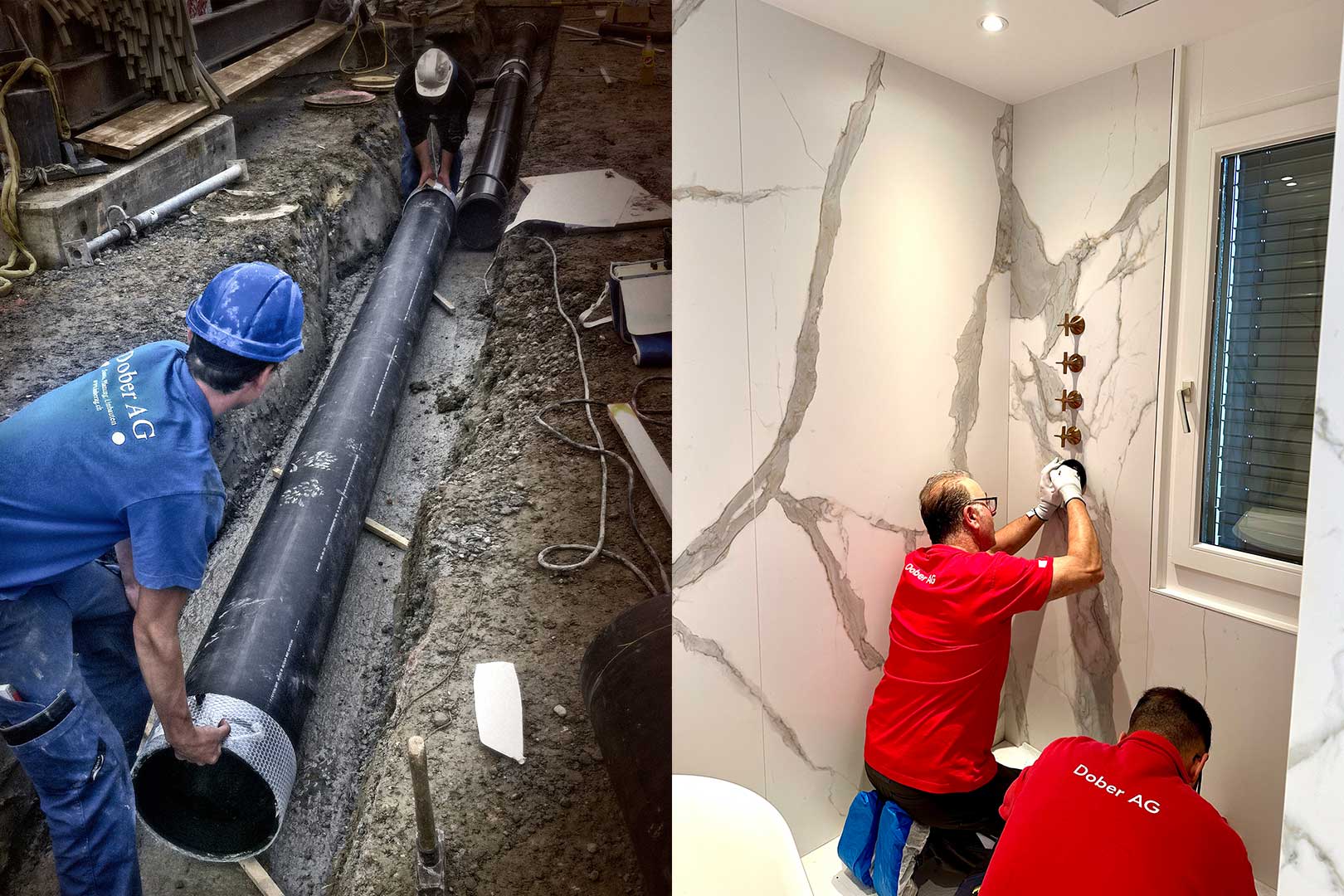 Mitarbeitende der Dober AG in Schlieren vor der Übernahme der Hälg Group in blauer Arbeitskleidung und nach der Übernahme mit roter Arbeitskleidung.