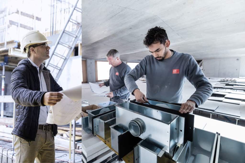 Projektleiter und Installateure der Hälg Group auf der Baustelle.